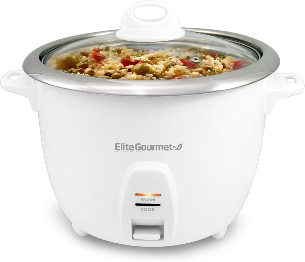 Elite Gourmet ERC-2010 Electric Rice Cooker with Stainless Steel Inner Pot Makes Soups, Stews, Grains, Cereals, Keep Warm Feature, 10 Cups Cooked, White