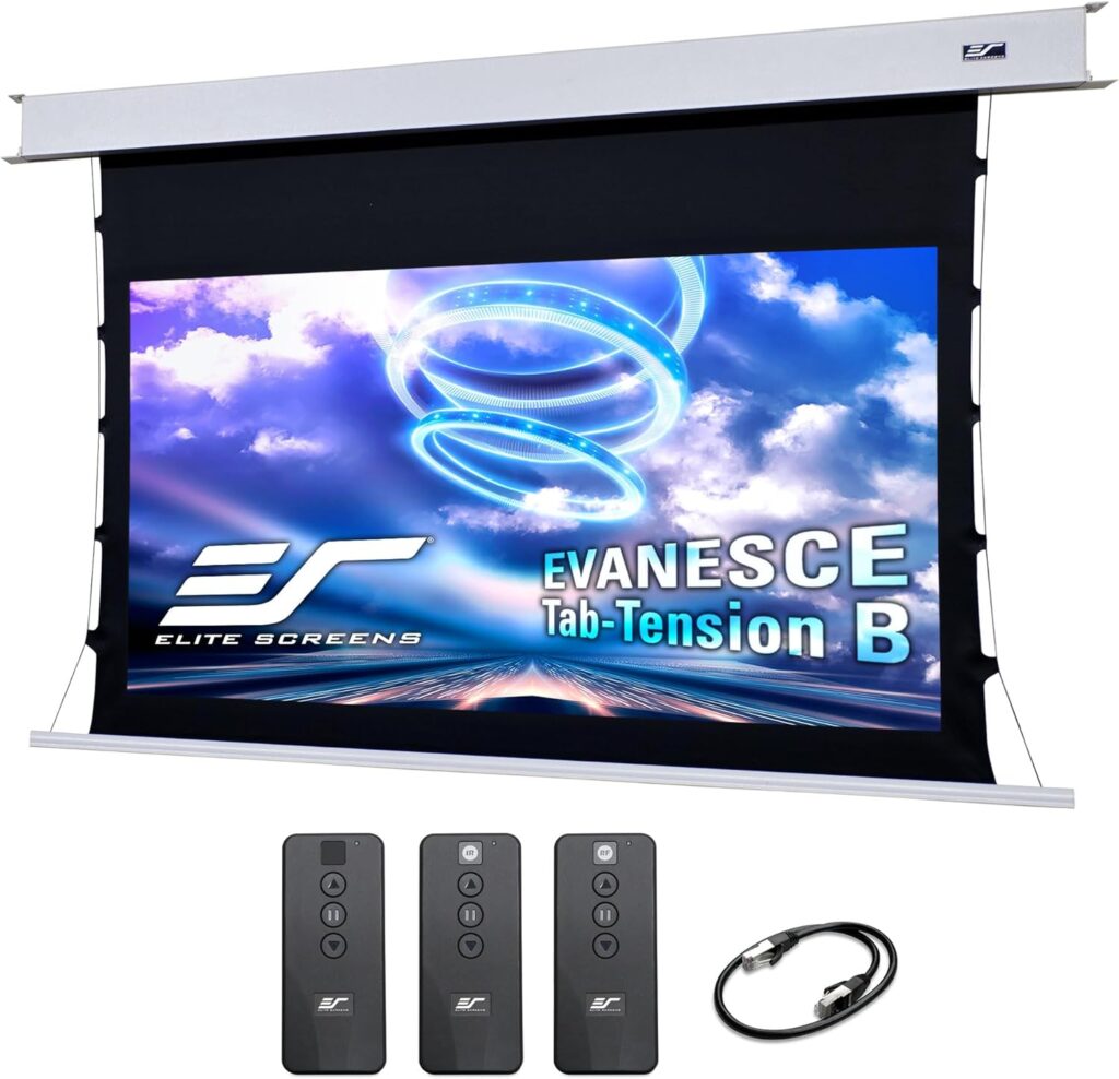 Elite Screens Evanesce Tab-Tension B, 100-inch 16:9, 4K / 8K HD, Recessed in-Ceiling Electric Tab Tensioned Projector Screen, Matte White Projection Screen Surface Programmed Remote Kit, ETB100HW3-E12