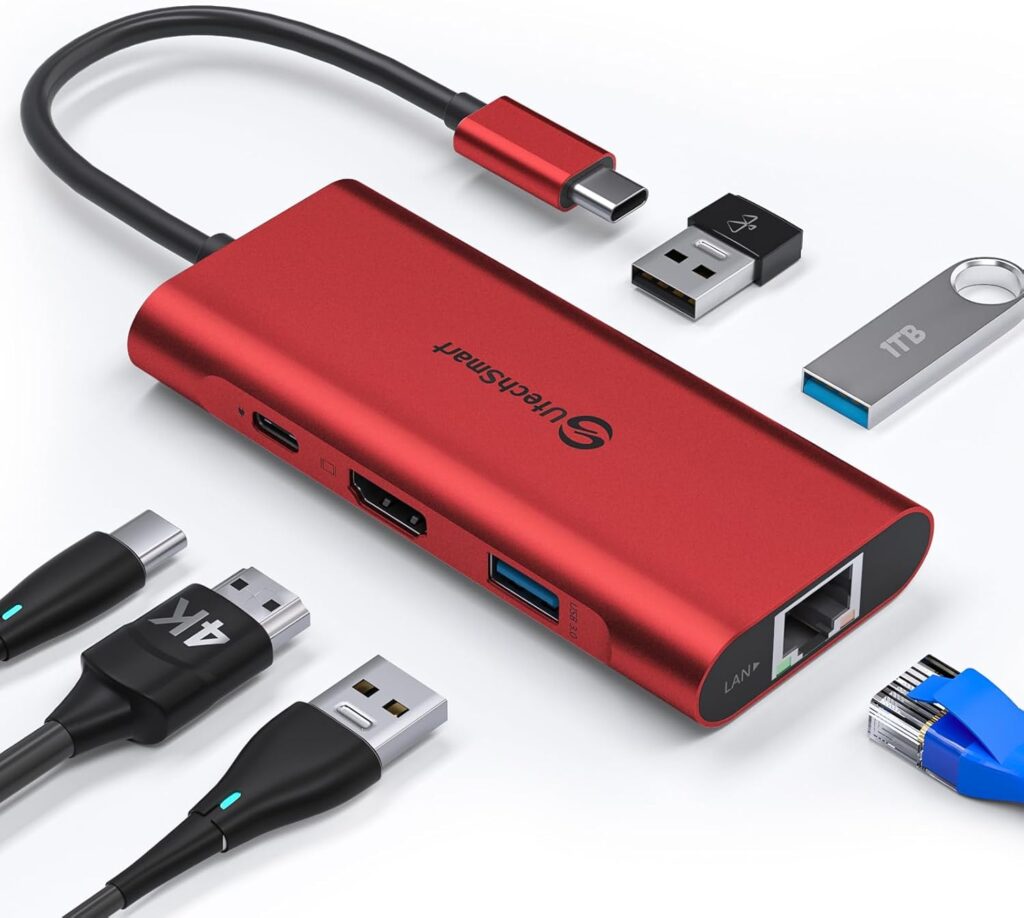UtechSmart USB C Hub, Ethernet Multiport Adapter 6 in 1 USB C to HDMI Dock Compatible for MacBook Pro/Air, Chromebook, Dell XPS, HP and Type C Devices (Gigabit Ethernet 100W PD 4K HDMI USB 3.0) Red