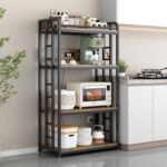 Adjustable 4-Tier Heavy Duty Kitchen Baker’s Rack with Power Outlet, with Industrial Wheels, Free Standing Microwave Oven Cart Stand for Storage in Living Room, Garage, Rustic Brown