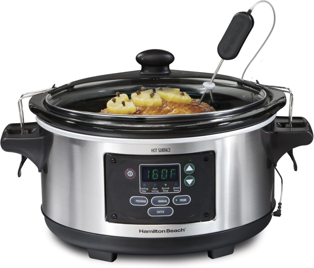 Hamilton Beach Portable 6 Quart Set & Forget Digital Programmable Slow Cooker with Lid Lock, Temperature Probe, Dishwasher Safe Crock & Lid, Stainless Steel (33969A)