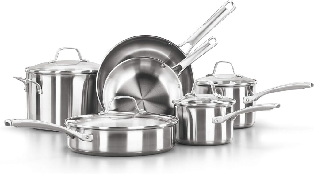 Calphalon Classic Stainless Steel Cookware Set, 10-Piece, Impact-Bonded Aluminum Base, Stay-Cool Handles