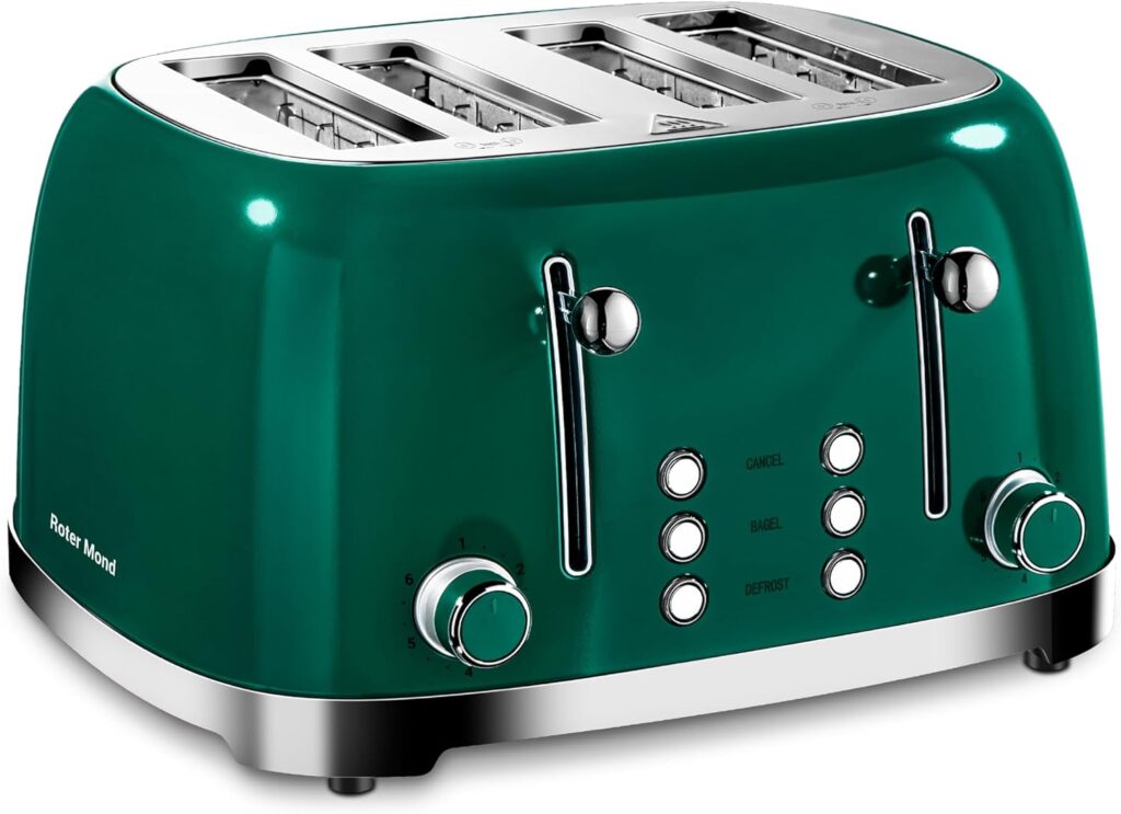 Roter Mond 4 Slice Toaster Retro Stainless Steel with Bagel Defrost Cancel Function, 6 Browning Settings, Extre Wide Slot and Removable Crumb Tray, Green, ST033