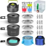 Odoland 29pcs Camping Cookware Mess Kit, Non-Stick Lightweight Pots Pan Kettle, Collapsible Water Container and Bucket, Stainless Steel Cups Plates Forks Knives Spoons for Outdoor Backpacking Picnic