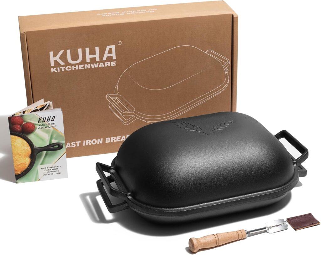 KUHA Cast Iron Bread Pan with Lid + Bread Lame – Black Heavy Duty Cast Iron Loaf Pan for Homemade Breadmaking – Pre-seasoned Bread Oven