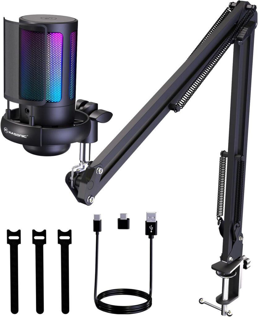 K Kasonic Gaming USB Microphone for PC, Home Studio Condenser Microphone with Boom Arm,USB Mic with Pop Filter, Gain Control for Podcast Recording, Streaming Microphone Kit for PS4/5 Mac Phone
