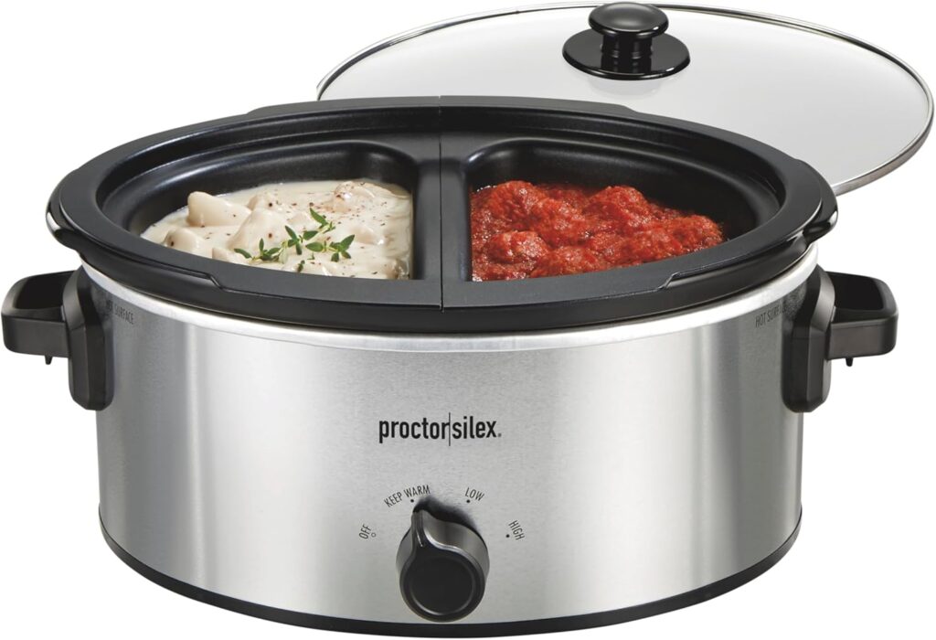 Proctor Silex Double Dish Slow Cooker with 6qt Crock and Dual 2.5qt Nonstick Insert to Cook Two Meals at Once, Dishwasher Safe Pot & Lid, Silver (33563)