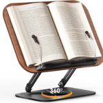 Book Stand for Reading, Adjustable Book Holder with 360° Rotating Bases, Foldable Designs, and Elastic Clips, Multifunctional Display Stand for Recipe, Cookbooks, Magazines, Tablets, Laptops