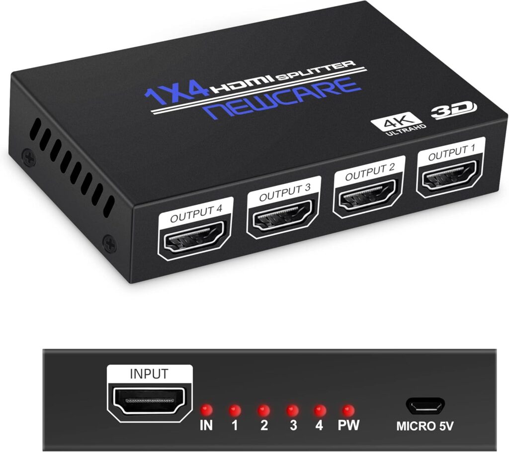 Hdmi Splitter 1×4, NEWCARE HDMI Splitter 1 in 4 Out, HDMI Splitter Supports Full HD1080P 4K and 3D, Compatible with Xbox PS3/4 Roku Blu-Ray Player HDTV (Included High Speed HDMI Cable)