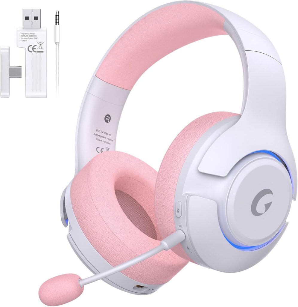 Gtheos Wireless Gaming Headset for ps5, ps4, Elden Ring, PC, Mac, Switch, Bluetooth 5.3 Gaming Headphones with Noise Canceling Microphone, 45H Battery, RGB Light, Pink