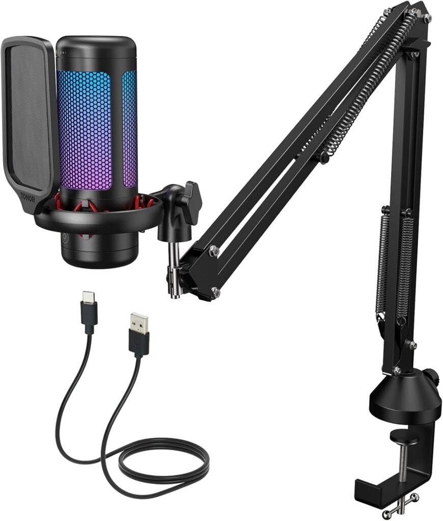 Gaming USB Microphone Set for PC, TONOR RGB Condenser Mic with Boom Arm Quick Mute, RGB Lighting, Pop Filter, Shock Mount, Gain Control for Streaming Podcasting Recording Discord Twitch YouTube TC310+