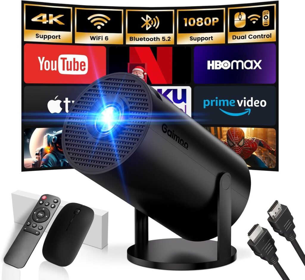 Mini Projector with WiFi and Bluetooth Built-in Apps Smart Projector Support 4K 1080P FHD 180° Adjustable Auto Keystone Compatibile with HDMI/TV Stick/Memory Stick/Laptop, Black