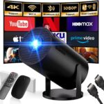 Mini Projector with WiFi and Bluetooth Built-in Apps Smart Projector Support 4K 1080P FHD 180° Adjustable Auto Keystone Compatibile with HDMI/TV Stick/Memory Stick/Laptop, Black