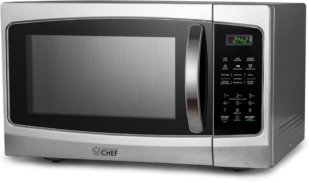 COMMERCIAL CHEF Microwave 1.3 Cu Ft with 10 Power Levels, Microwave with Pull Handle Door Lock, 1000W Countertop Microwave with Timer and Digital Controls, Stainless Steel