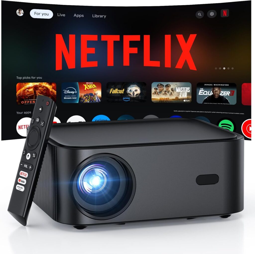 1500ANSI Netflix Officially Licensed Full HD Smart Projector, HAPPRUN 4K Projector with Wifi and Bluetooth,Built-in Apps,Electric Focus,DoIby Audio,300”Display Movie Projector for Home,Outdoor,Indoor