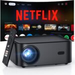1500ANSI Netflix Officially Licensed Full HD Smart Projector, HAPPRUN 4K Projector with Wifi and Bluetooth,Built-in Apps,Electric Focus,DoIby Audio,300”Display Movie Projector for Home,Outdoor,Indoor