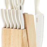 CAROTE 15Piece Knife Set, Kitchen Knife Block Set, Elegant White Ceramic-Coated Blades with Stylish Wooden Block for Modern Culinary Excellence