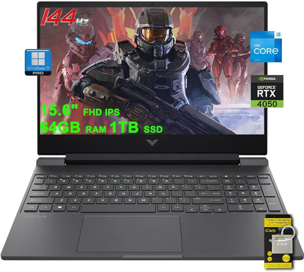 HP Victus Gaming Laptop 15.6″ FHD IPS 144Hz Intel 8-core i5-13420H (>i7-12650H) 64GB RAM 1TB SSD GeForce RTX 4050 6GB Backlit USB-C B&O Fast Charge Win11Pro w/ICP Accessory