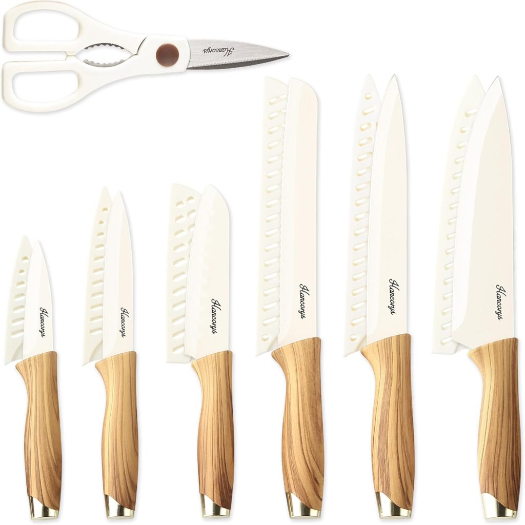 Knife set, 13 Pieces Kitchen Knives Set, Nonstick Ceramic Anti-Rust Coating and Blade Guard, Holiday Gifts for Kitchen, Camping Essentials