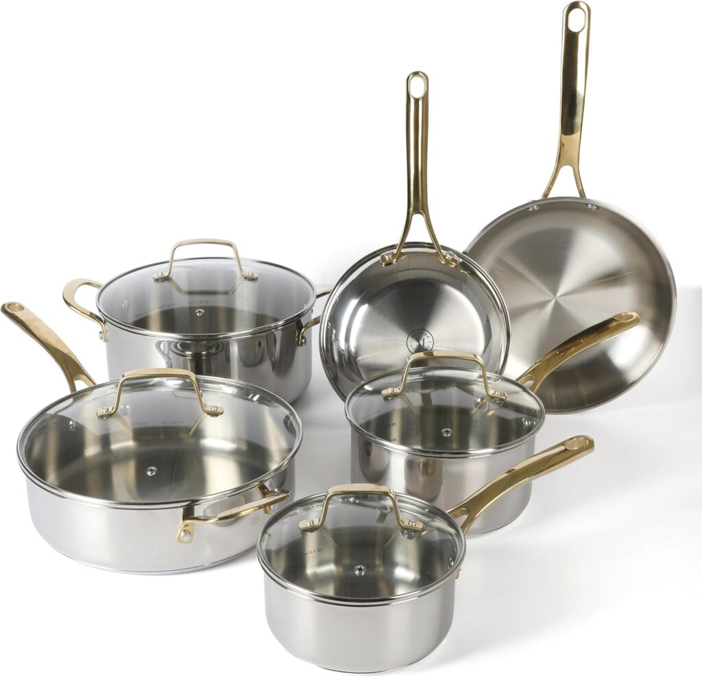 Martha Stewart Castelle 10 Piece 18/8 Durable Stainless Steel Induction Safe Pots and Pans Non-Toxic Kitchen Cookware Set – Gold Handles – Dishwasher Safe