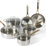 Martha Stewart Castelle 10 Piece 18/8 Durable Stainless Steel Induction Safe Pots and Pans Non-Toxic Kitchen Cookware Set – Gold Handles – Dishwasher Safe