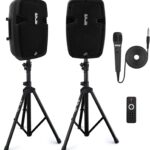 Pyle Powered Bluetooth PA Speaker Kit – Event Ready – Just Plug In and Play Active and Passive 350w Loudspeakers with Wired Microphone, Speaker Stands, Remote – MP3/USB/SD/AUX inputs – PPHP849KT