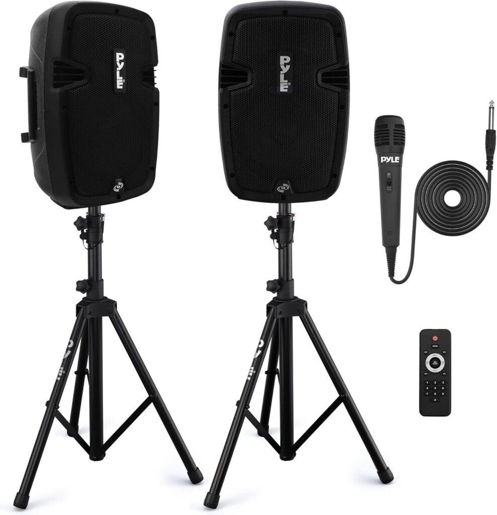 Pyle Powered Bluetooth PA Speaker Kit – Event Ready – Just Plug In and Play Active and Passive 350w Loudspeakers with Wired Microphone, Speaker Stands, Remote – MP3/USB/SD/AUX inputs – PPHP849KT