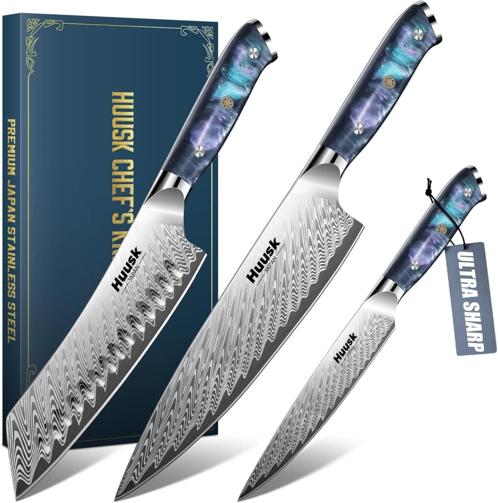 Huusk Japanese Knife Set 3 PCS – Stainless Chef Knife Set with Sheath & Ergonomic Resin Handle, Hand Sharpened Full Tang Professional Kitchen Knives for All Purpose, Gift Box for Men Women