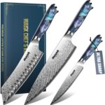 Huusk Japanese Knife Set 3 PCS – Stainless Chef Knife Set with Sheath & Ergonomic Resin Handle, Hand Sharpened Full Tang Professional Kitchen Knives for All Purpose, Gift Box for Men Women