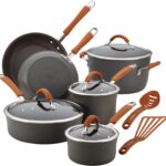 Rachael Ray Cucina Dishwasher Safe Hard Anodized Nonstick Cookware Pots and Pans Set, 12 Piece, Gray with Orange Handles