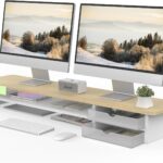 Fenge Monitor Stand, Dual Monitor Riser, 42.5inch Large Desk Computer Monitor Stand Riser with Drawer, 2 Tier Wood & Acrylic Desktop Organizer for Computer, Laptop, Printer, TV Screen Riser