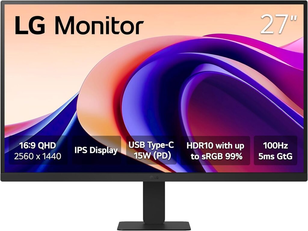 LG 27U631A-B 27-inch QHD (2560 x 1440) IPS Computer Monitor, 100Hz, 5ms, HDR10, Reader Mode, Flicker Safe, HDMI, USB Type-C 15W PD, Black