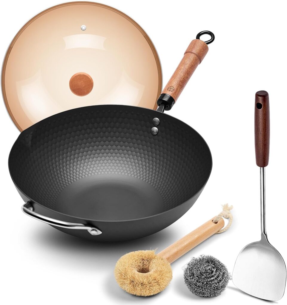 WANGYUANJI 12.6″ Wok with Lid, Flat Bottom Nonstick Wok Pan for Induction Cooktop, Stir Fry Woks & Pans for Cooking