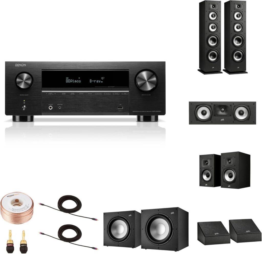 Denon AVR-X2800H + Polk Monitor XT 7.2 Home Theater System | Dolby Atmos Surround with Dual Subwoofers & Height Channels for Immersive Movie Sound