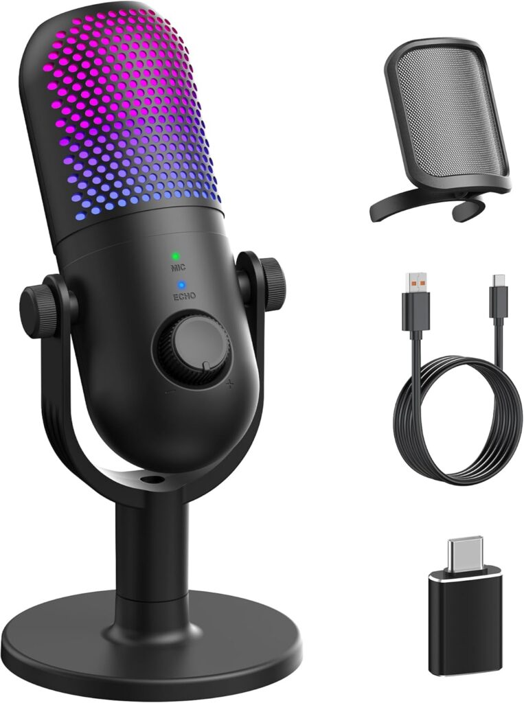 USB Microphone for PC Gaming: Condenser Microphone RGB for Gamer with Stand Mic – Recording Mic for Computer&Laptop with Qiuck Mute – Desk Podcast Mic for Podcast & Singing & Streaming & Youtube Black