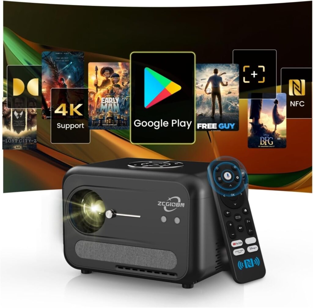 Smart 4K Projector for Bedroom, Indoor Outdoor Home Theater Projectors with WiFi, Bluetooth, NFC, Wireless Airplay Mirroring, Google TV, Dolby, HDMI ARC for Movie Night, Gaming, Halloween, Holiday