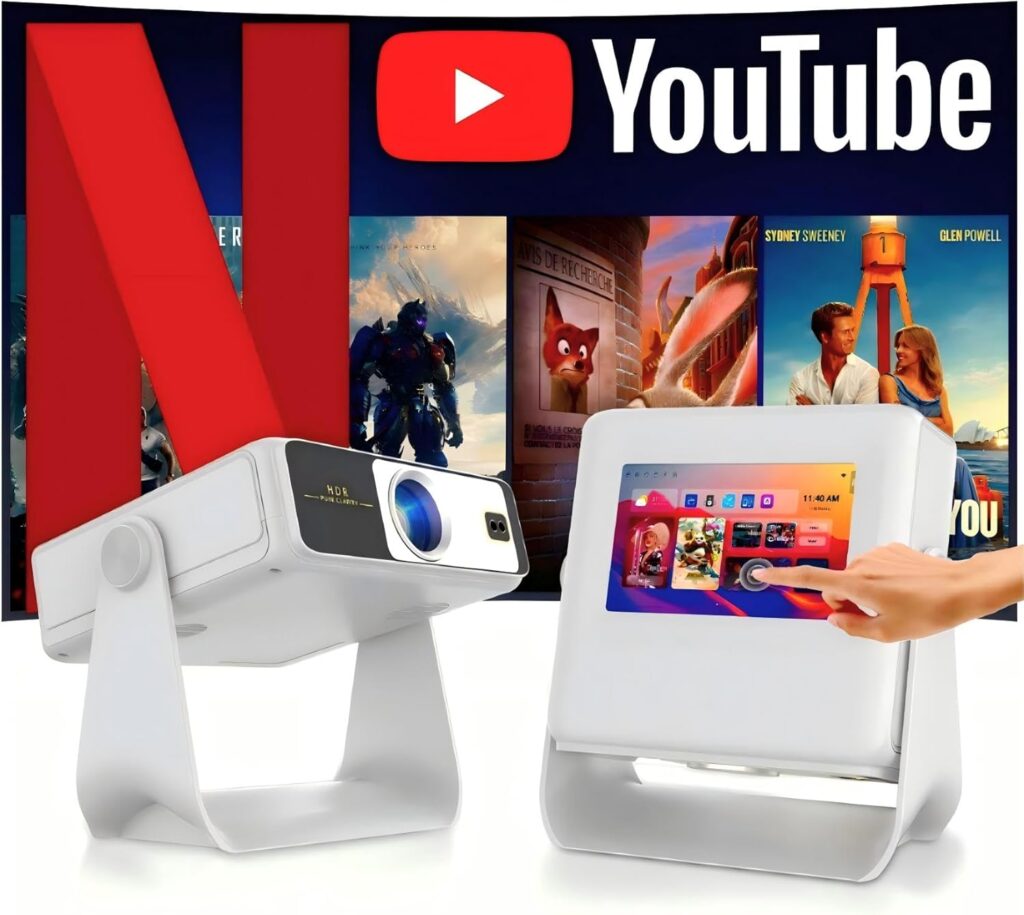 【TouchScreen/Built-in APPs/Auto Focus Keystone】Smart Portable Projector with Touch Tablet, 4K Support Outdoor Proyector, WiFi6 Bluetooth for Home Theater/Gaming/Outdoor (180° Stand & 250″)