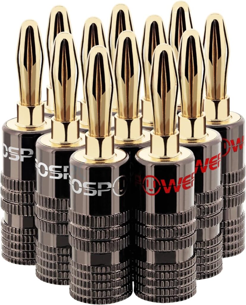 FosPower Banana Plugs 6 Pairs / 12 pcs, Closed Screw 24K Gold Plated Banana Speaker Plug Connectors for Speaker Wire, Wall Plate, Home Theater, Audio/Video Receiver, Amplifiers and Sound Systems