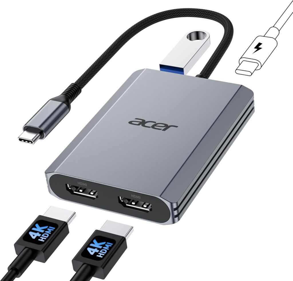 Acer USB C to Dual HDMI Adapter 4K@60Hz, 4-in-1 HDMI Splitter for Dual Monitors with 100W PD, USB 3.0, Docking Station Dual Monitor Compatible with Acer, MacBook Air/Pro, Dell XPS, HP, etc
