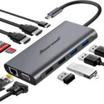 Hiearcool USB C Hub, USB-C Laptop Docking Station, 11IN1 Triple Display Type C Adapter Compatible for Dell Hp Lenovo Windows (2HDMI VGA PD3.0 SD TF Card Reader Gigabit Ethernet 4USB Ports)