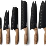 CAROTE 12PCS Knife Set, Stainless Steel Kitchen Knife Set with Nonstick Ceramic Coating Dishwasher Safe with 6 Blade Guards, Rustproof, Black