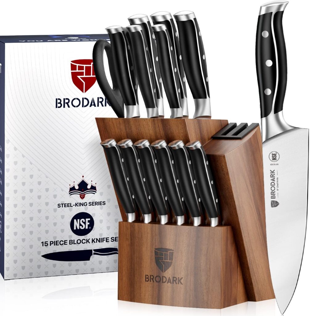 BRODARK Kitchen Knife Set: Full Tang 15 Pcs Professional Chef Knife Set with Sharpener, Razor-sharp Knives Set for Kitchen, German Stainless Steel Knife Block Set, Steel-king Series for Christmas Gift