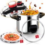 18/8 Stainless Steel Pressure Cooker 13 Quart, [One-Hand Locking] Olla de Presion, [3-In-1] Pressure Cooker, Induction Compatible, Gas Stovetop Compatible, Steamer Rack & Includes Glass Lid