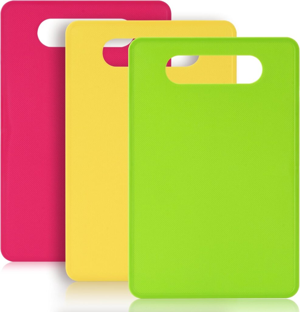 Plastic Cutting Board Set, 3 Pack Small Chopping Boards for Kitchen, BPA-Free, Dishwasher Safe, Color Coded Boards Pads for Meat Vegetable Fruit, Easy Grip Handle, Non-Slip, Space Saving