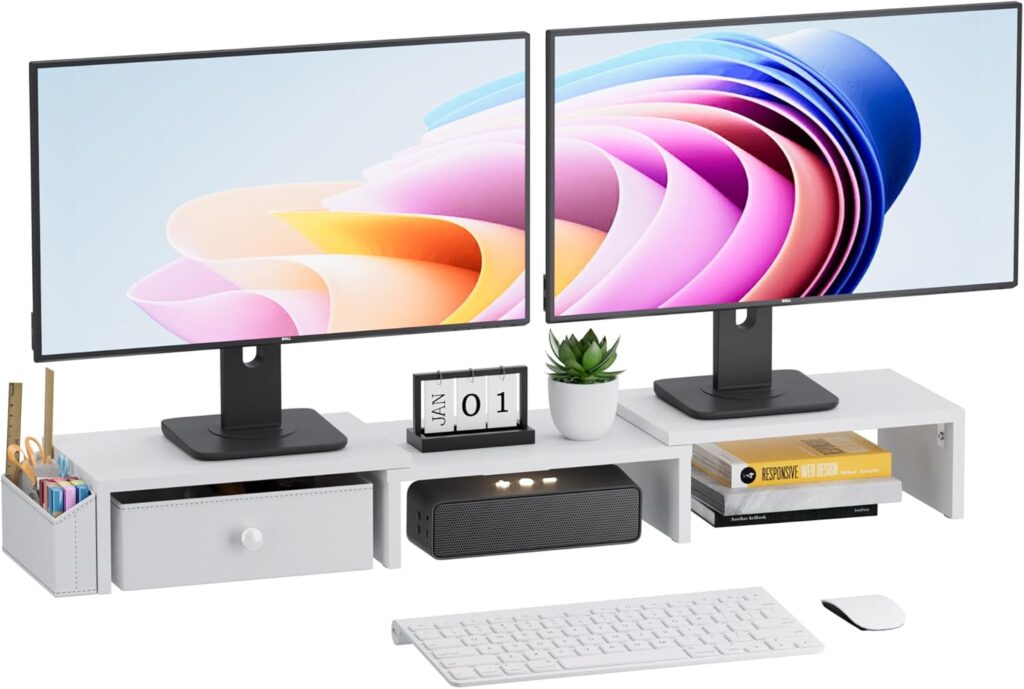 Dual Monitor Stand Riser, Adjustable Length & Swivel Angle Monitor Stand, Ergonomic Monitor Stand with Drawer & Side Pockets, Desktop Organizer and Office Desk Accessories, White