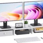 Dual Monitor Stand Riser, Adjustable Length & Swivel Angle Monitor Stand, Ergonomic Monitor Stand with Drawer & Side Pockets, Desktop Organizer and Office Desk Accessories, White