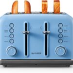 BUYDEEM DT640 4-Slice Toaster, Extra Wide Slots, Retro Stainless Steel with High Lift Lever, Bagel and Muffin Function, Removal Crumb Tray, 7-Shade Settings,Blue