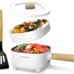 Audecook Hot Pot Electric 2L, Cermic Glaze Non-Stick Frying Pan 8 Inch, Portable Travel Cooker for Ramen/Steak/Fried Rice/Oatmeal/Soup, with Dual Power Control (Silicone Spatula Included)