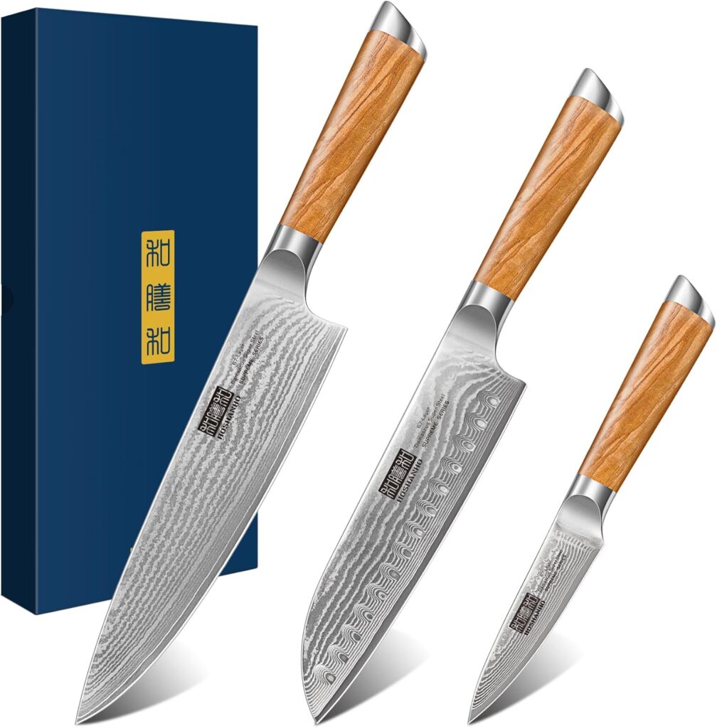 HOSHANHO Damascus Kitchen Knife Set 3-Piece, Ultra Sharp 8″ Chef Knife, 7″ Santoku Knife, 3.75″ Paring Knife, Professional 10Cr15CoMoV Damascus Super Steel Chef Knife Set with Ergonomic Handle