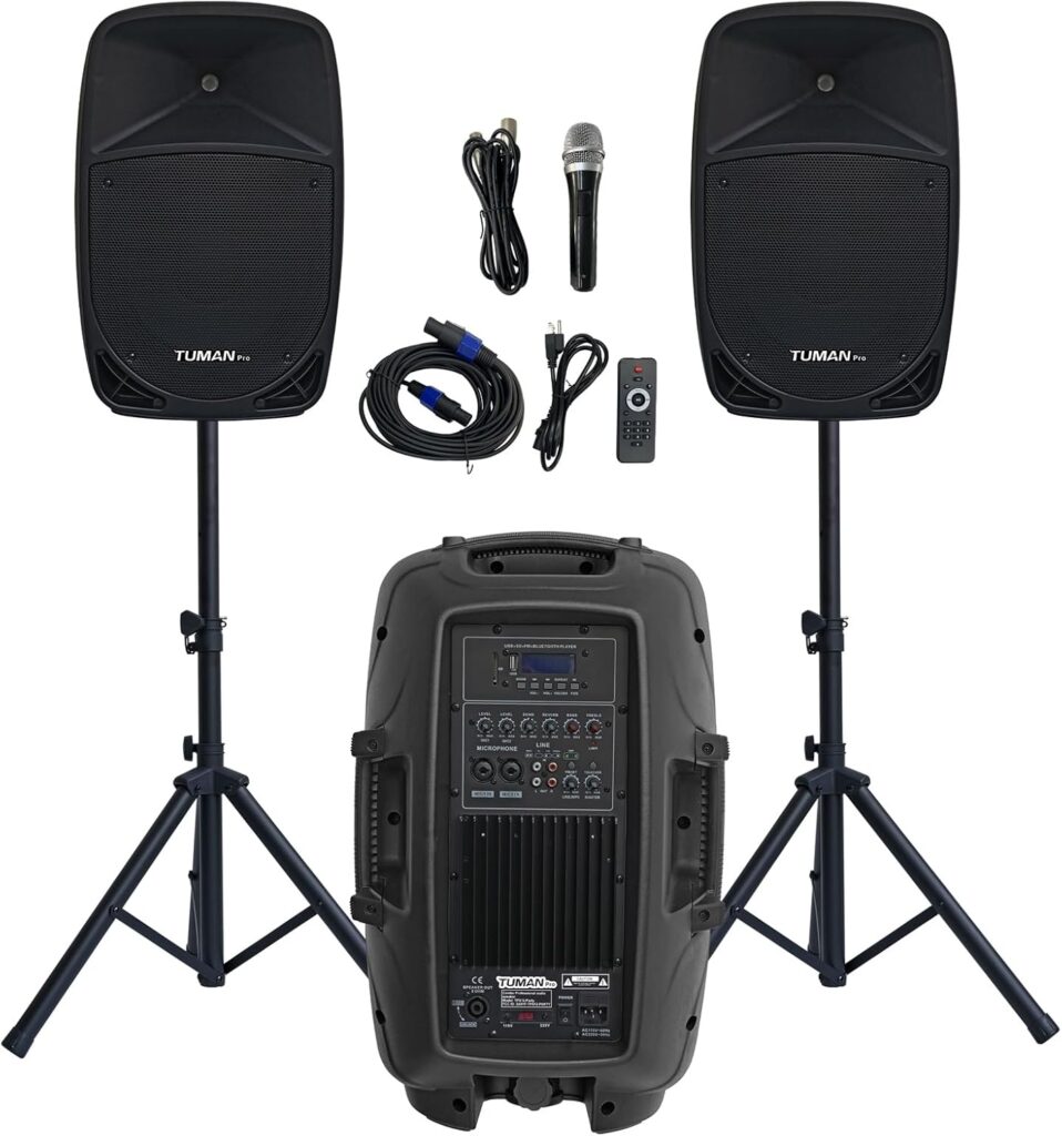 12inch PA Speaker System, 1000W High Powered Bluetooth Compatible Active + Passive Pair Outdoor Sound Speakers, Outdoor Karaoke Machine,FM Radio, Remote Control, 2 Speaker Stand, Supports SD Card/USB